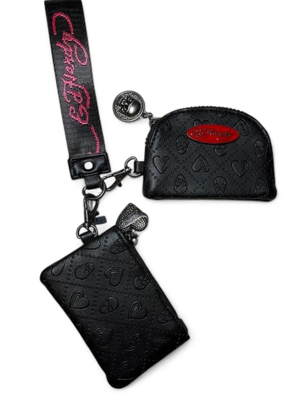 Ed Hardy Black Duo Card Holder & Coin Purse with Pink Logo Strap